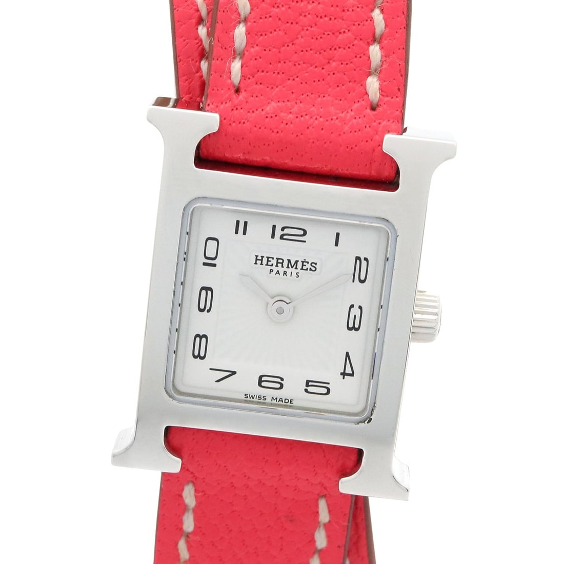 Hermes H-Watch Mini Double Tour Wristwatch, Stainless Steel, Leather Strap, Women's, White (HH1.110): --- Catalog ---Category: SizeWrist Size: 15.5cm / 6.1''Case Diameter: 17mm / 0.67''Category: DesignType: WristwatchGender: WomenColor (Dial): WhiteMaterial (Band): LeatherMaterial (Case): Stainless st