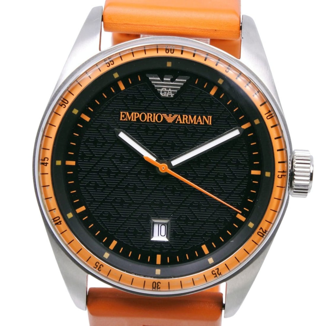 Emporio Armani AR-0526 Watch, Stainless Steel x Rubber, Orange Strap, Quartz, Analog, Black Dial,: --- Catalog ---Category: SizeWrist Size: 16cm - 21.5cm / 6.29'' - 8.46''Case Diameter: 43mm / 1.69''Category: DesignType: WristwatchGender: MenColor (Dial): OrangeMaterial (Band): RubberMaterial (Case