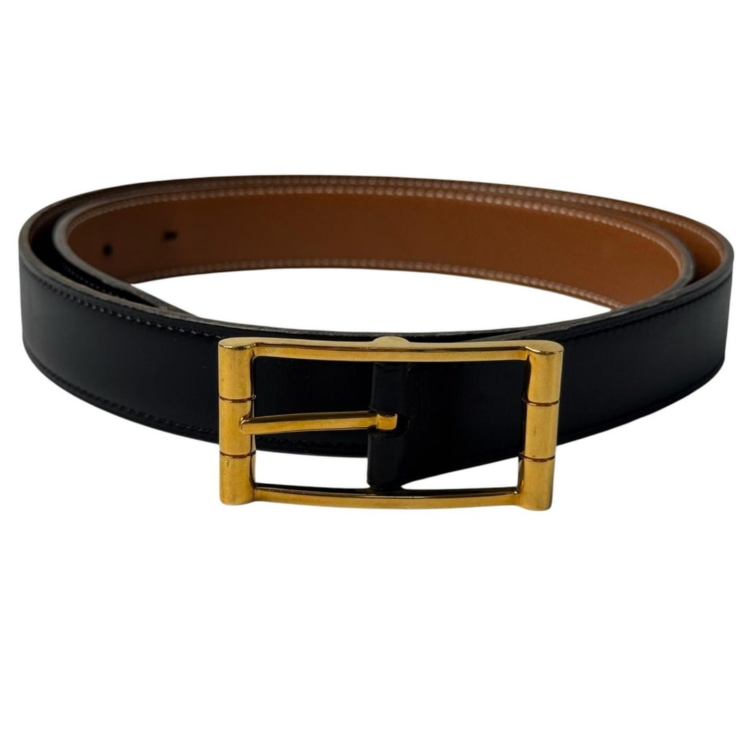 Hermes Api Leather Belt, Gold Hardware, ?B Stamp, Size 90, Men's: --- Catalog ---Category: SizeLength: 85cm - 90cm / 33.46'' - 35.43''Category: DesignType: Standard beltColor: Black, BrownGender: MenMaterial (Strap): Leather Category: GeneralBrand: Hermes--- Item Li