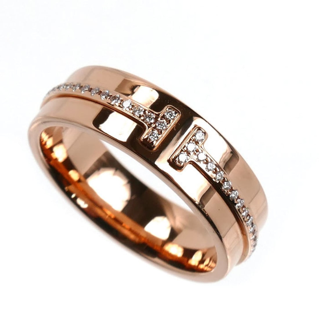 TIFFANY&Co. Tiffany 18KPG Pink Gold T Two Narrow Wide Ring with Diamonds, 6.7g, Women's: --- Catalog ---Category: SizeUS Size: 5.5Brand Size: 50Category: DesignType: Band ringStone: DiamondGender: WomenMaterial: Pink gold (18K)Category: GeneralBrand: TiffanyCountry of Origin: USA--- Item 