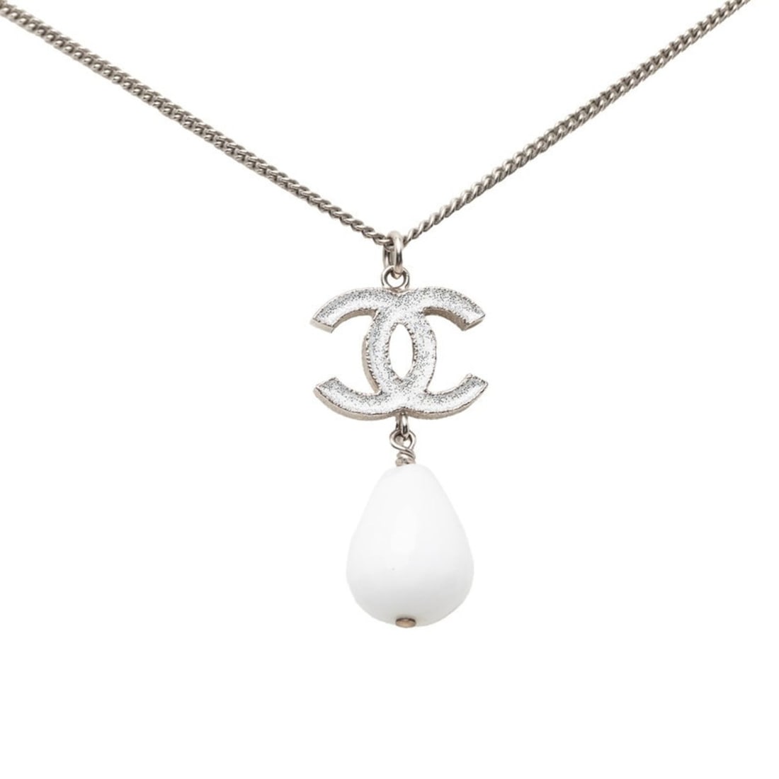 Chanel Coco Mark Teardrop Chain Pendant Necklace, B10A stamp, A43326, Silver, White Metal, Plastic,: --- Catalog ---Category: SizePendant Size: 39.5mm x 17.5mm / 1.55'' x 0.68''Neck Circumference: 60 cm / 23.62''Category: DesignColor: Silver, WhiteGender: WomenMaterial: Metal, PlasticNecklace Type: