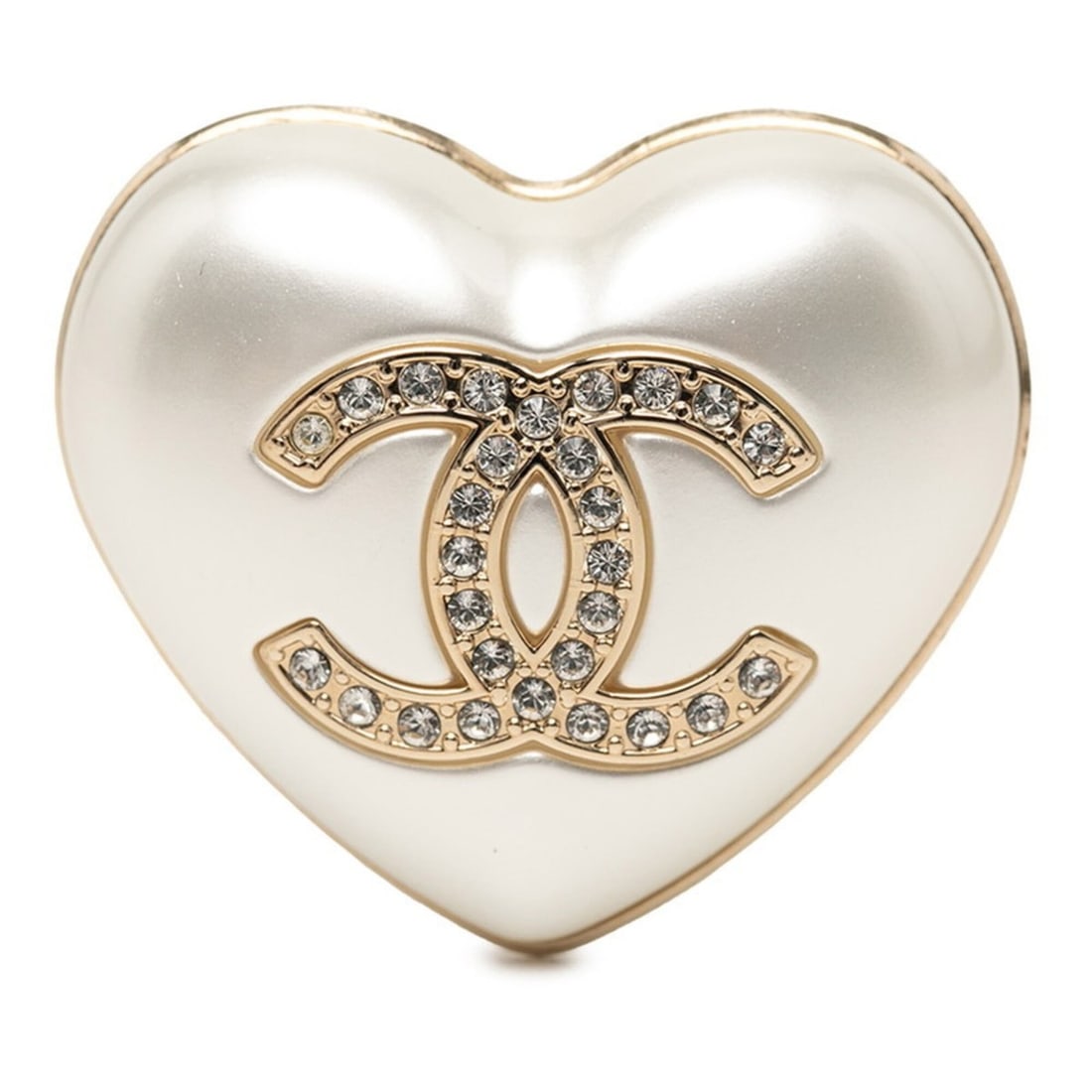 Chanel Coco Mark Heart Motif Brooch, A21B Engraving, AB7006, Gold and White Plated Rhinestones, Faux: --- Catalog ---Category: SizeSize (HxWxD): 3.4cm x 3.92cm / 1.33'' x 1.54''Category: DesignType: BroochColor: Gold, WhiteGender: WomenMaterial: Artificial pearl, Gold plating, RhinestoneCategory: