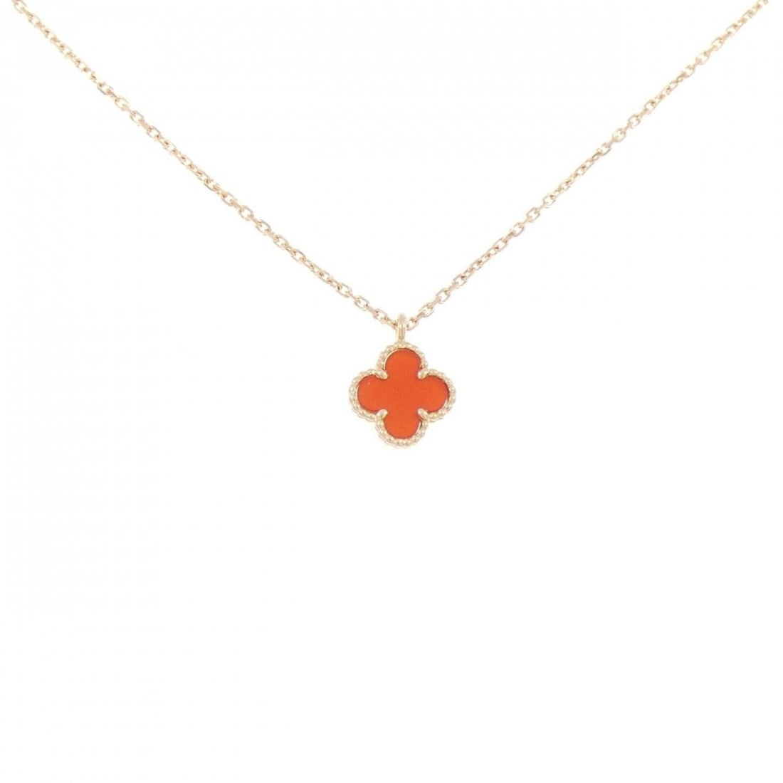 Van Cleef & Arpels Sweet Alhambra Necklace: --- Catalog ---Category: SizePendant Size: 9.2mm x 9.2mm / 0.36'' x 0.36''Neck Circumference: 38 cm - 40 cm / 14.96'' - 15.74''Category: DesignStone: CarnelianGender: WomenMaterial: Pink gold