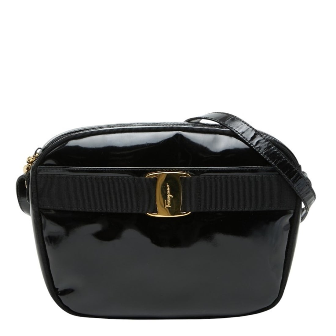 Salvatore Ferragamo Vara Crossbody Shoulder Bag, Black Enamel, Women's: --- Catalog ---Category: SizeSize (HxWxD): 17.5cm x 21.5cm x 7.5cm / 6.88'' x 8.46'' x 2.95''Category: DesignType: Shoulder bagColor: BlackGender: WomenMaterial: Leather Leather/Fur Type: Enamel Leath