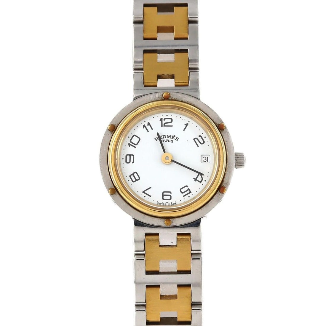 Hermes Clipper Combination SSxGP Quartz Watch: --- Catalog ---Category: SizeWrist Size: 18cm / 7.08''Case Diameter: 24mm / 0.94''Category: DesignType: WristwatchGender: WomenColor (Dial): WhiteMaterial (Band): Gold plated, Stainless steelMaterial 