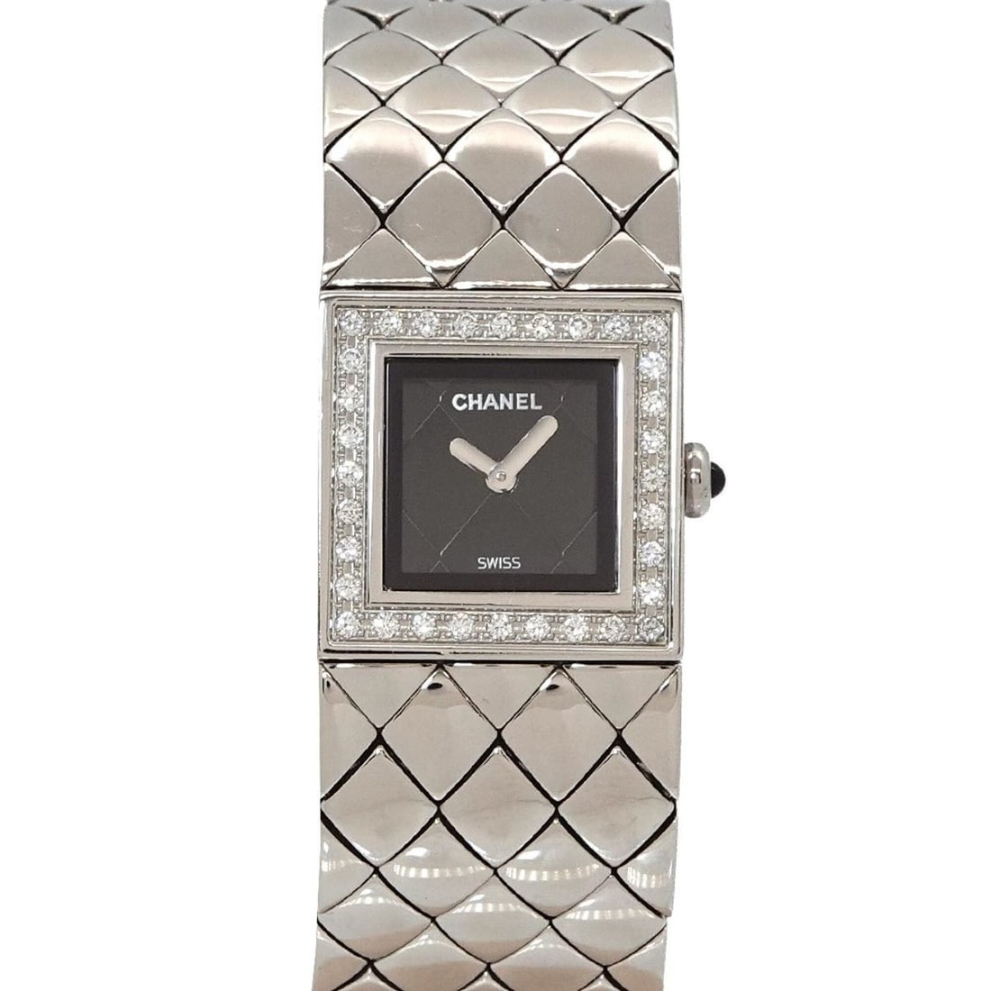 Chanel Matelasse H0489 Diamond Bezel Women's Watch Black Quartz: --- Catalog ---Category: SizeWrist Size: 14cm / 5.51''Case Diameter: 19mm / 0.75''Category: DesignGender: WomenColor (Dial): BlackMaterial (Band): Stainless steelMaterial (Case): Stainless steelCatego