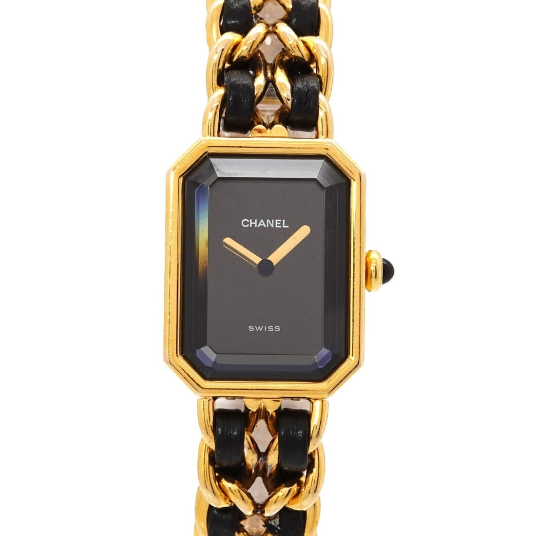 Chanel Premiere H0001 Women's Watch, Size M, Black & Gold, Quartz Movement.: --- Catalog ---Category: SizeWrist Size: 15cm / 5.9''Case Diameter: 20mm / 0.79''Category: DesignType: WristwatchGender: WomenColor (Dial): BlackMaterial (Band): Gold plated, Leather, Stainless steelM
