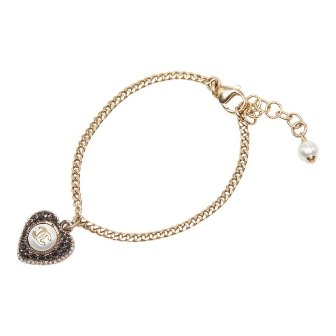 Chanel Coco Mark Heart Motif Bracelet, Gold and Black Plated, Faux Pearl Rhinestones, Women's CHANEL (1 of 16)