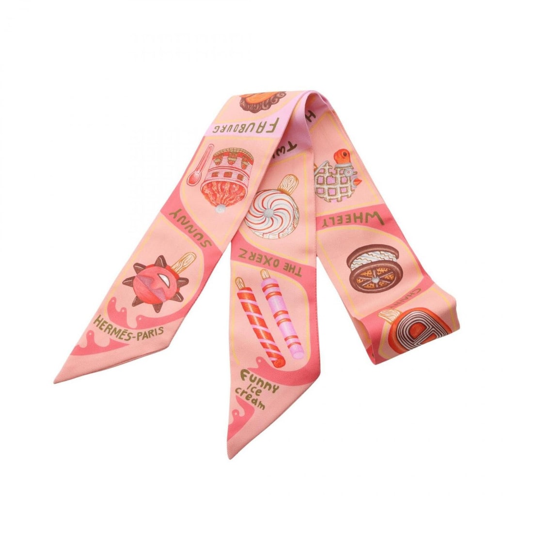 Hermes Twilly Funny Ice Cream Ribbon Scarf Muffler Silk Women's Pink: --- Catalog ---Category: SizeSize (LxW): 85cm x 5cm / 33.46'' x 1.96''Category: DesignType: ScarfColor: Cream, PinkGender: WomenMaterial: Silk Category: GeneralBrand: Hermes--- Item List ---Section: C