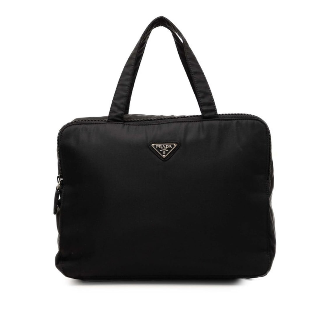 Prada Triangle Logo Plate Handbag Cosmetic Bag Black Nylon Women's PRADA: --- Catalog ---Category: SizeSize (HxWxD): 19.5cm x 26cm x 10cm / 7.67'' x 10.23'' x 3.93''Category: DesignType: HandbagColor: BlackGender: WomenMaterial: Nylon Category: GeneralBrand: Prada--- Item