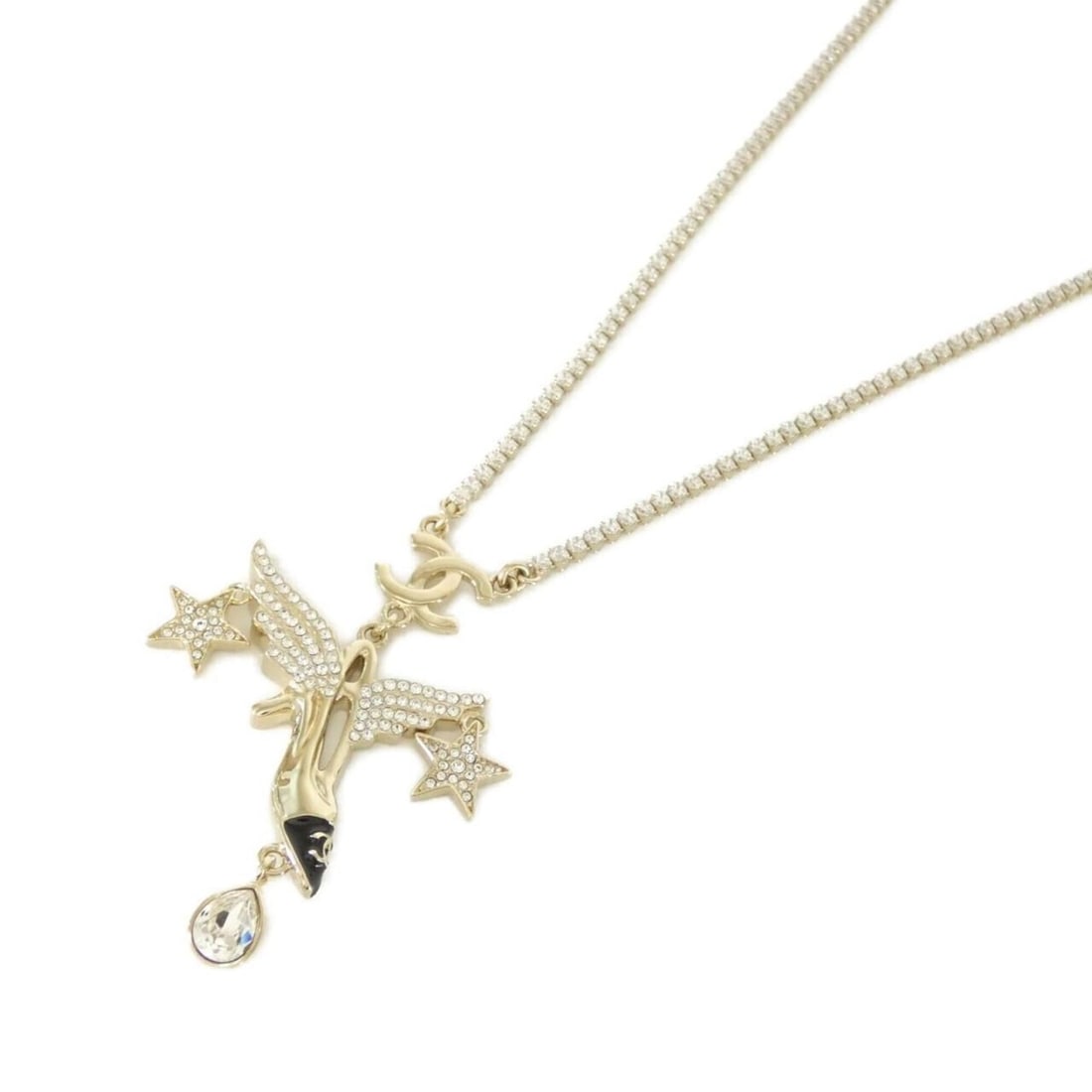 Chanel necklace: --- Catalog ---Category: SizePendant Size: 5.5mm x 4.3mm / 0.21'' x 0.16''Neck Circumference: 45 cm - 52 cm / 17.71'' - 20.47''Category: DesignColor: Black, GoldStone: CrystalGender: WomenNecklace
