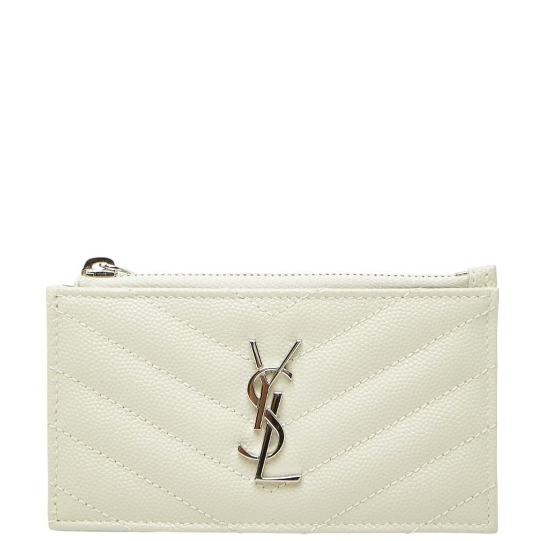 Saint Laurent Cassandra YSL Logo Fragment Case Zip Business Card Holder/Card Ivory Silver Leather (1 of 13)