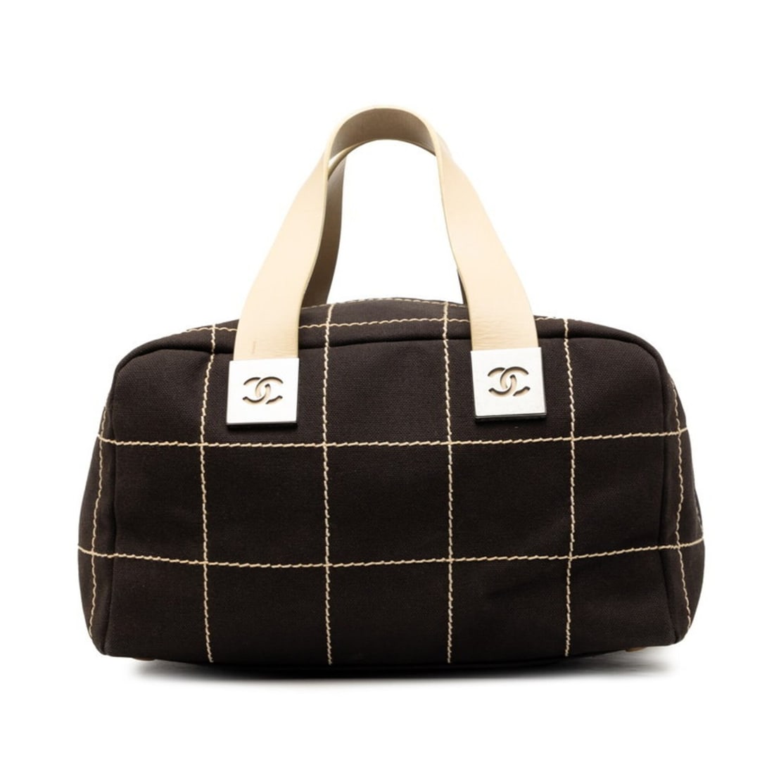 Chanel Chocolate Bar Coco Mark Handbag Boston Bag Black Beige Canvas Leather Women's CHANEL (1 of 9)