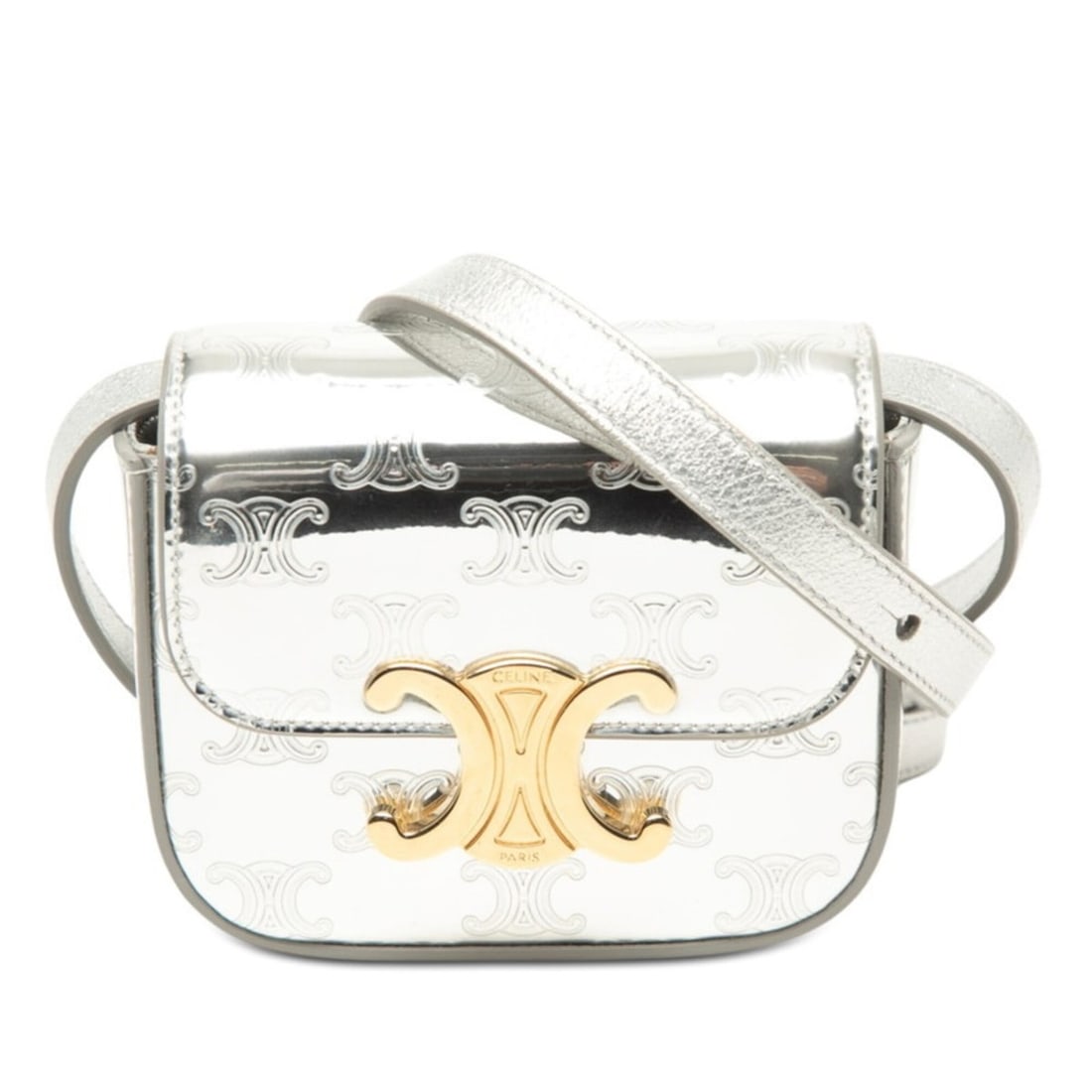 Celine Triomphe Mini Claude Crossbody Shoulder Bag/Pouch, Silver Patent Leather, Women's CELINE: --- Catalog ---Category: SizeSize (HxWxD): 10cm x 11.5cm x 4cm / 3.93'' x 4.52'' x 1.57''Category: DesignType: Pochette, Shoulder bagColor: SilverGender: WomenMaterial: Patent leather Category: Genera