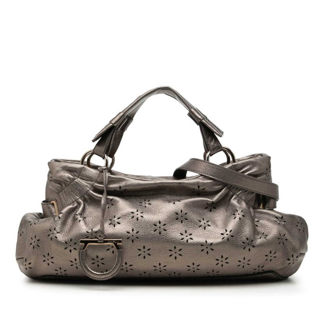 Salvatore Ferragamo Gancini Perforated Handbag/Shoulder Bag, 2-Way, Bronze/Brown Leather, Women's.: --- Catalog ---Category: SizeSize (HxWxD): 17.5cm x 35cm x 9.5cm / 6.88'' x 13.77'' x 3.74''Category: DesignType: Handbag, Shoulder bagColor: Bronze, BrownGender: WomenMaterial: Leather Category: Gene