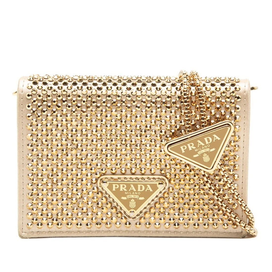 Prada Triangle Logo Plate Mini Chain Shoulder Bag 1MR024 Gold Beige Satin Crystal Leather Women's (1 of 10)