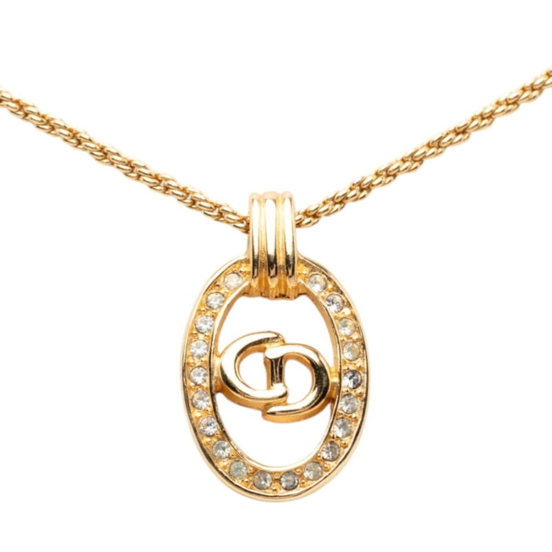 Christian Dior Dior CD Logo Oval Chain Pendant Necklace Gold Plated Rhinestone Women's: --- Catalog ---Category: SizePendant Size: 23.3mm x 14.3mm / 0.91'' x 0.56''Neck Circumference: 45 cm / 17.71''Category: DesignColor: GoldStone: RhinestoneGender: WomenMaterial: Gold platingPendant Ty