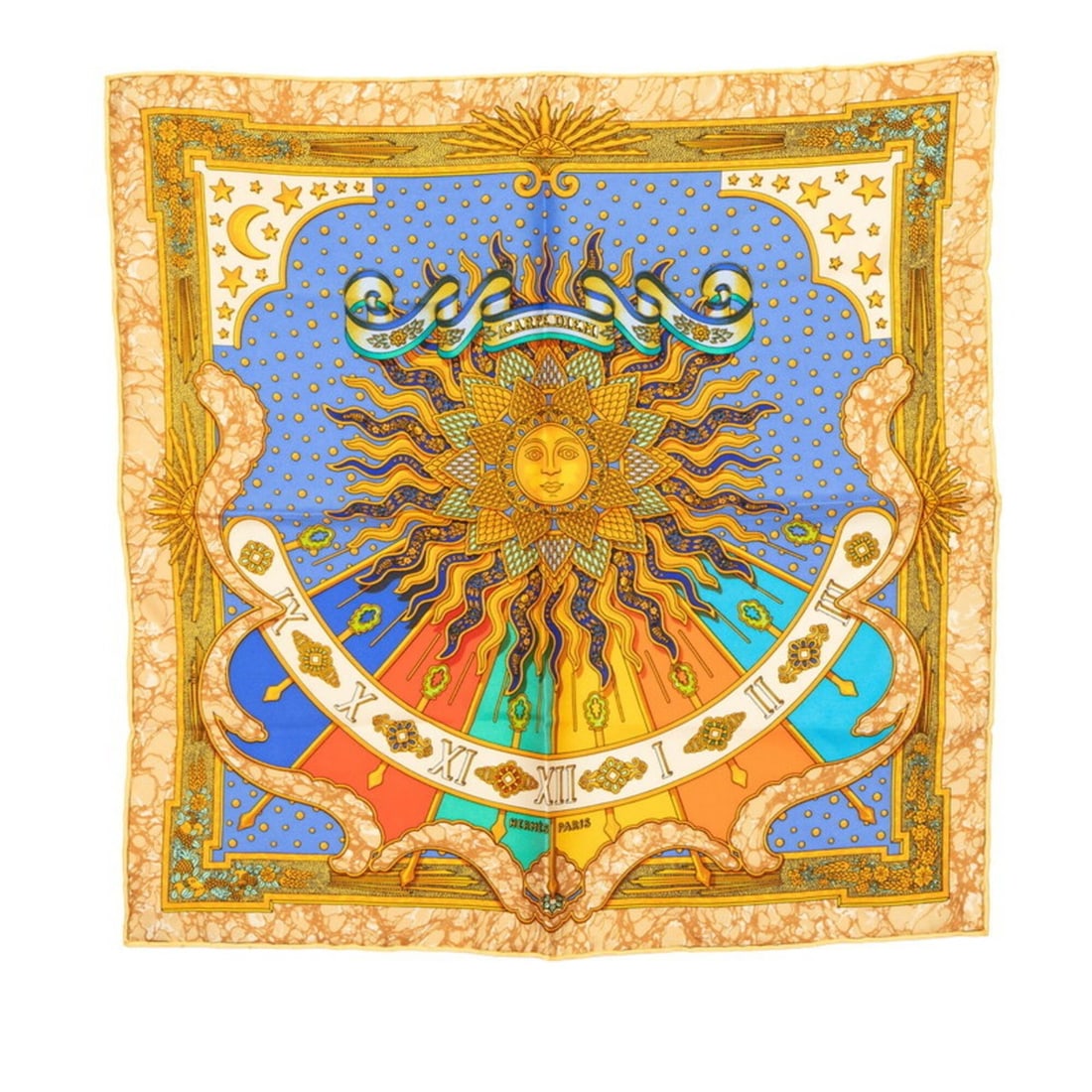 Hermes Carre 45 CARPE DIEM Enjoy Today Scarf Muffler Yellow/Blue Silk Women's HERMES: --- Catalog ---Category: SizeSize (LxW): 41cm x 41cm / 16.14'' x 16.14''Category: DesignType: ScarfColor: Blue, YellowGender: WomenMaterial: Silk Category: GeneralBrand: Hermes--- Item List ---Section