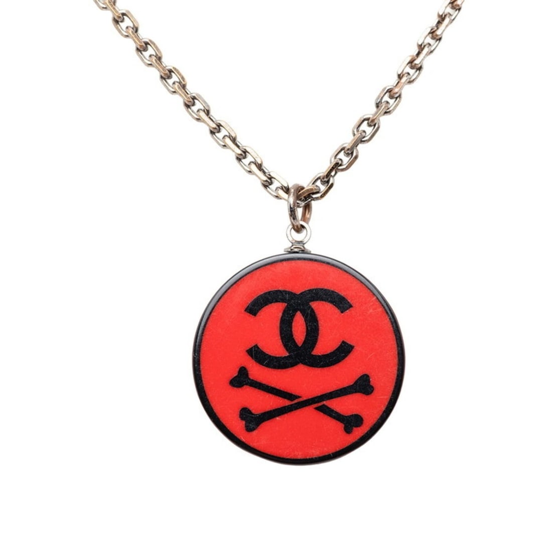 Chanel Coco Mark Bone Motif Chain Pendant Necklace, 03P Engraving, Black with Red Plating, Plastic,: --- Catalog ---Category: SizePendant Size: 26.6mm x 26.6mm / 1.04'' x 1.04''Neck Circumference: 48 cm / 18.89''Category: DesignColor: Black, Red colorGender: WomenMaterial: Gold plating,
