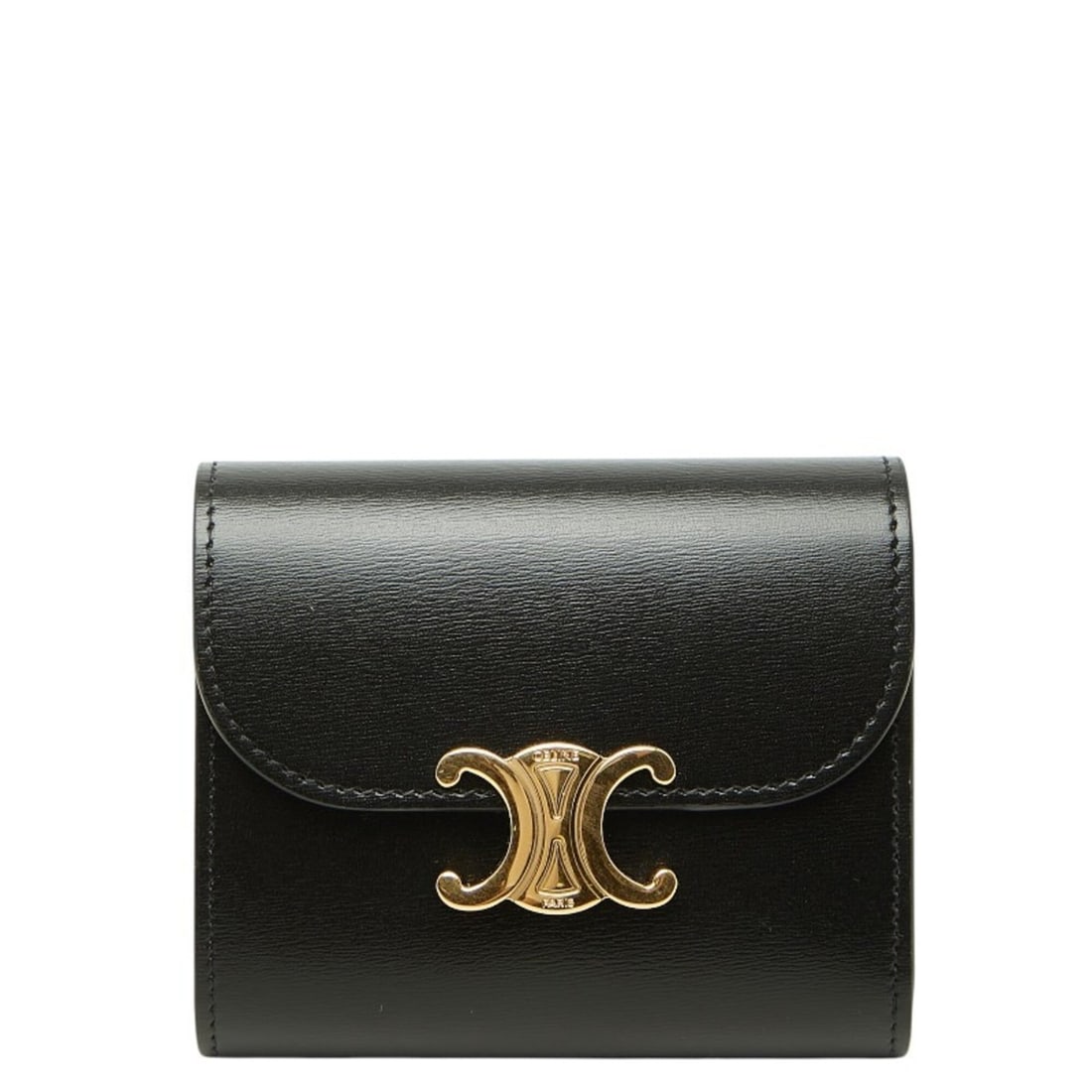 Celine Triomphe Tri-fold Wallet Small Flap Black Leather Women's CELINE: --- Catalog ---Category: SizeSize (HxWxD): 9cm x 10.5cm x 3.5cm / 3.54'' x 4.13'' x 1.37''Category: DesignType: Wallet (tri-fold)Color: BlackGender: WomenMaterial: Leather Category: GeneralBrand: Celi