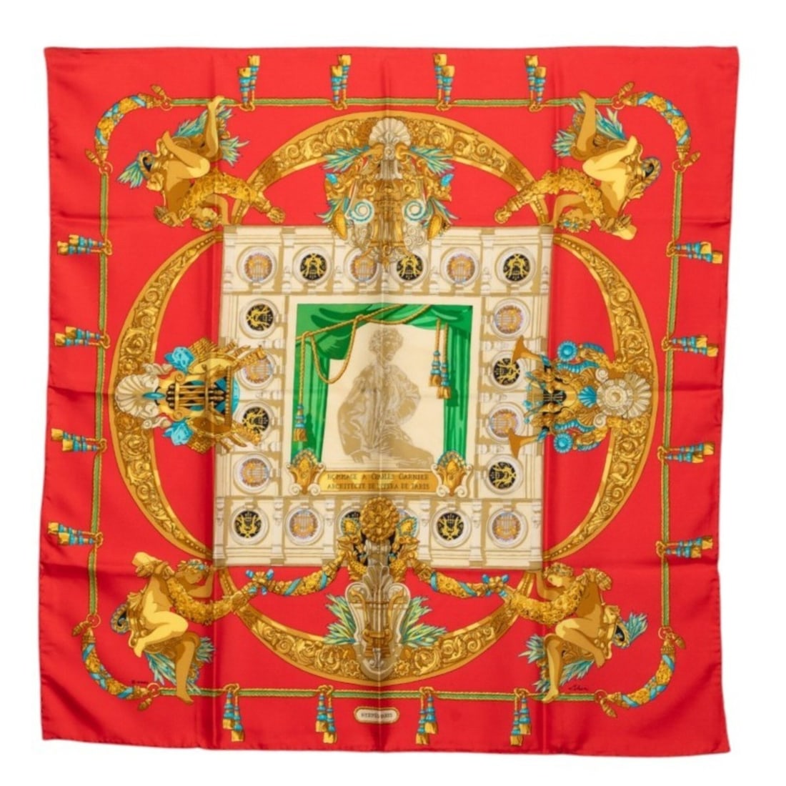 Hermes Carre 90 Hommage a Charles Garnier (A Tribute to Garnier) Scarf, Large Size, Red Silk,: --- Catalog ---Category: SizeSize (LxW): 89cm x 88cm / 35.03'' x 34.64''Category: DesignType: ScarfColor: Red colorGender: WomenMaterial: Silk Category: GeneralBrand: Hermes--- Item List ---Section: C