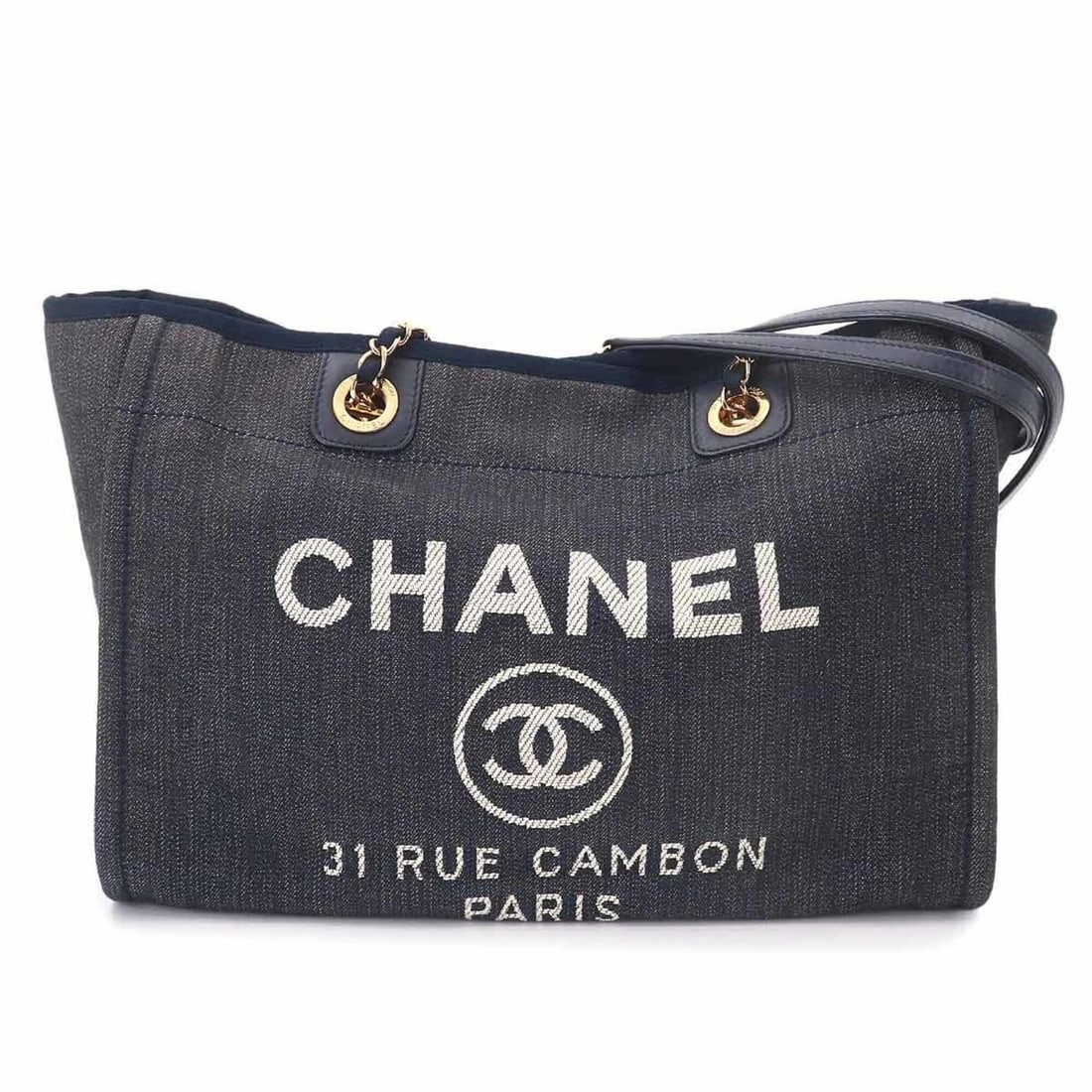 Chanel Deauville MM Chain Tote Handbag, Denim Navy, A67001, Gold Hardware.: --- Catalog ---Category: SizeSize (HxWxD): 27cm x 34cm x 15cm / 10.62'' x 13.38'' x 5.9''Category: DesignType: Handbag, Tote bagColor: NavyGender: WomenMaterial: Denim , Leather Category: GeneralMPN: 