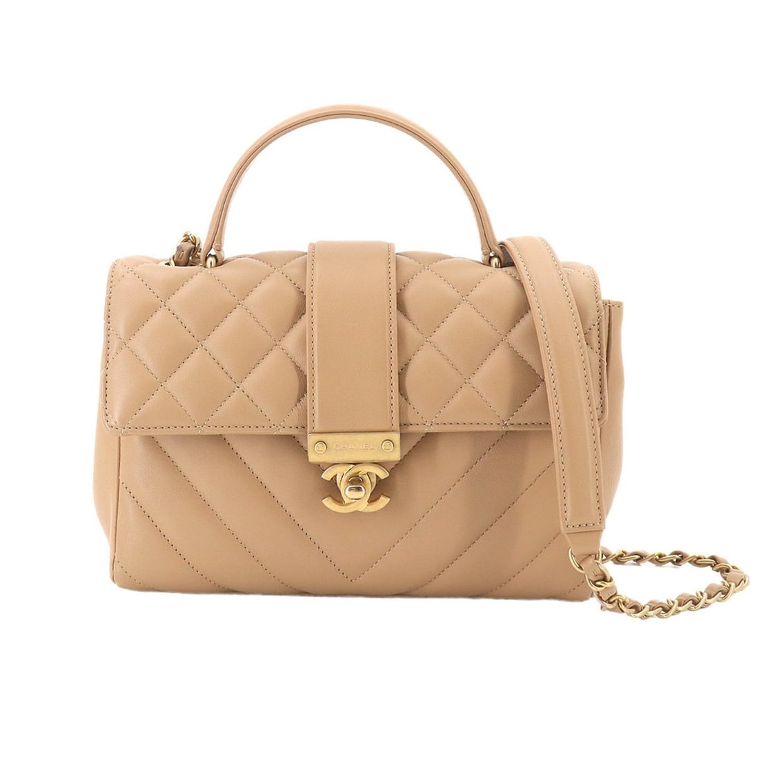Chanel Golden Class CC Matelassé Chevron V-stitch 2-way Hand Chain Shoulder Handbag Leather Beige (1 of 12)