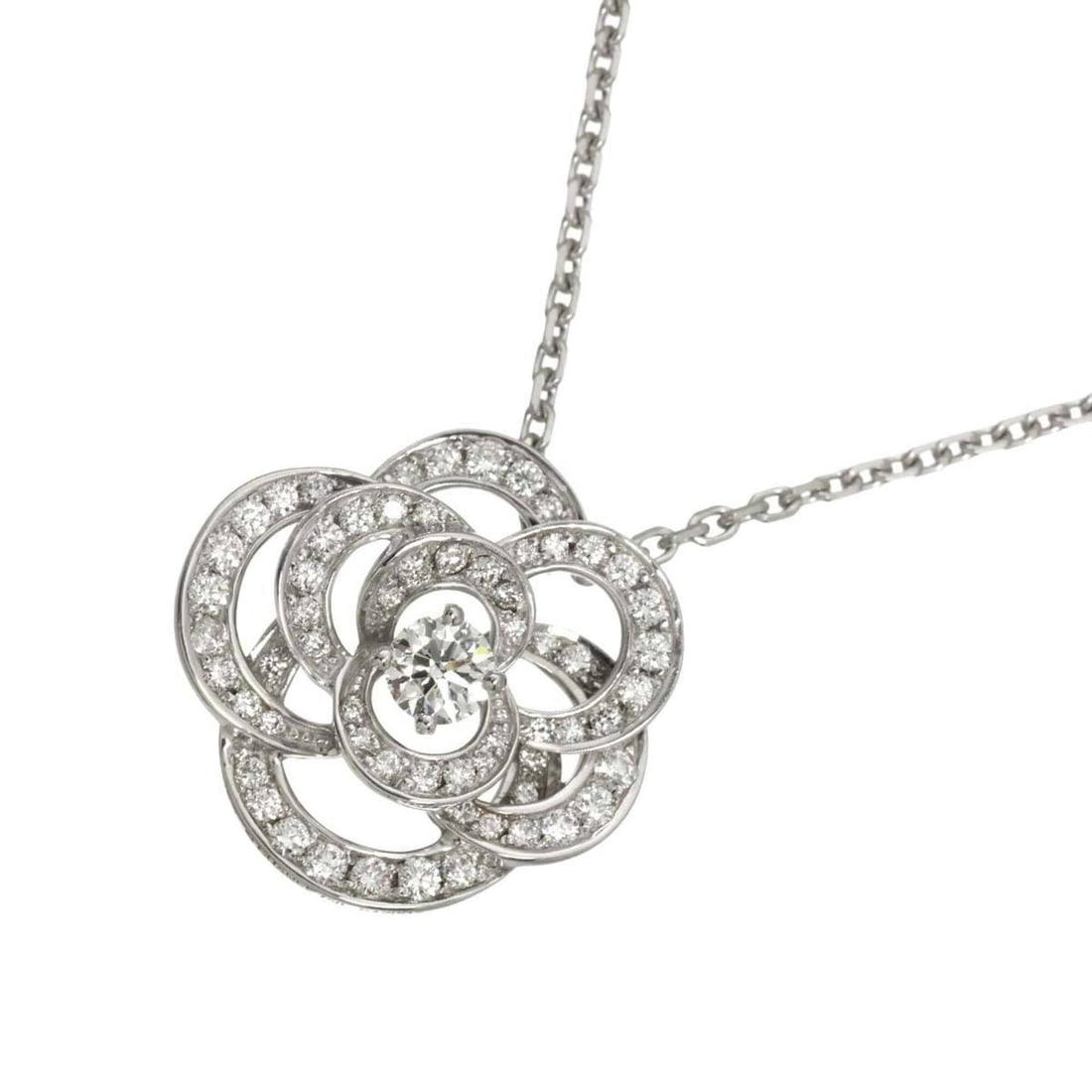 Chanel Camellia Diamond Necklace, Medium, 41cm, 18K White Gold (750), Flower Design.: --- Catalog ---Category: SizePendant Size: 19mm x 20mm / 0.74'' x 0.78''Neck Circumference: 41 cm / 16.14''Category: DesignGender: WomenMaterial: White gold (18K)Necklace Type: NecklaceCategory: Gener