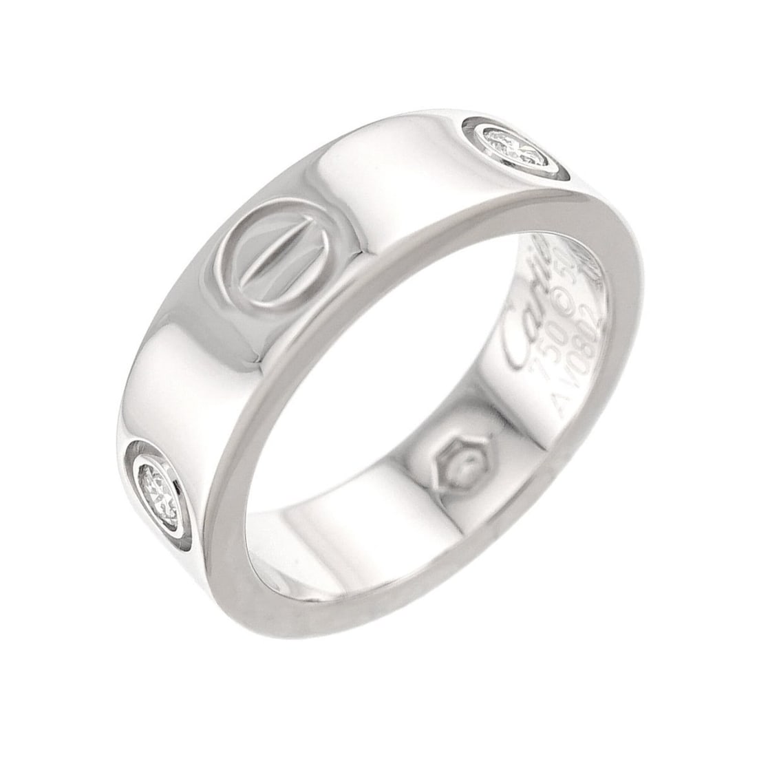Cartier Love Ring #50, Half Diamond, 18K White Gold (750): --- Catalog ---Category: SizeUS Size: 5.5Brand Size: 50Category: DesignType: Band ringGender: WomenMaterial: White gold (18K)Category: GeneralBrand: Cartier--- Item List ---Section: ConditionRanking: 