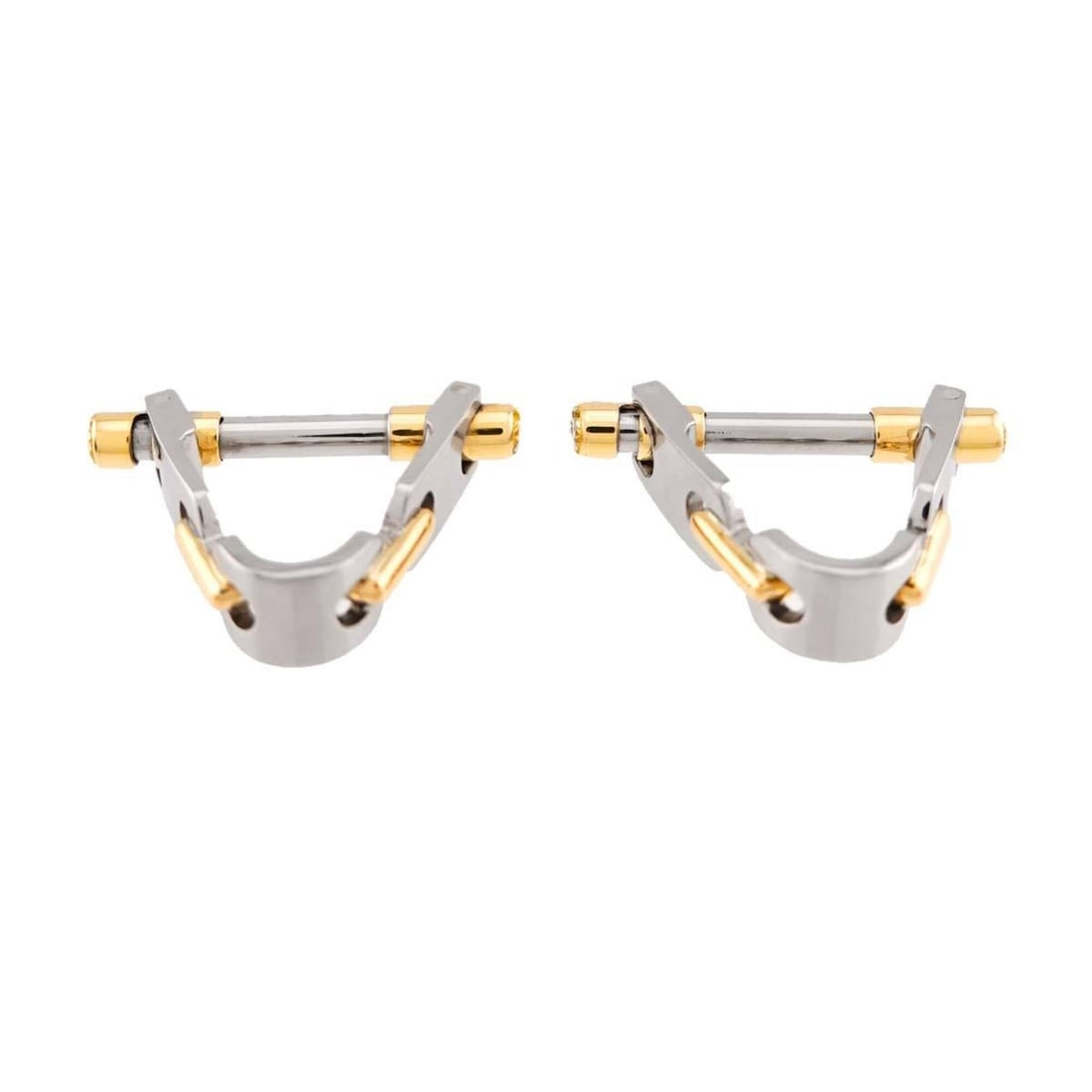 Cartier Cufflinks, Steel, 18K Yellow Gold (750): --- Catalog ---Category: SizeSize (HxWxD): 17.70mm x 25.00mm / 0.70'' x 0.98''Category: DesignType: CufflinksGender: MenMaterial: Stainless steelCategory: GeneralBrand: Cartier--- Item List