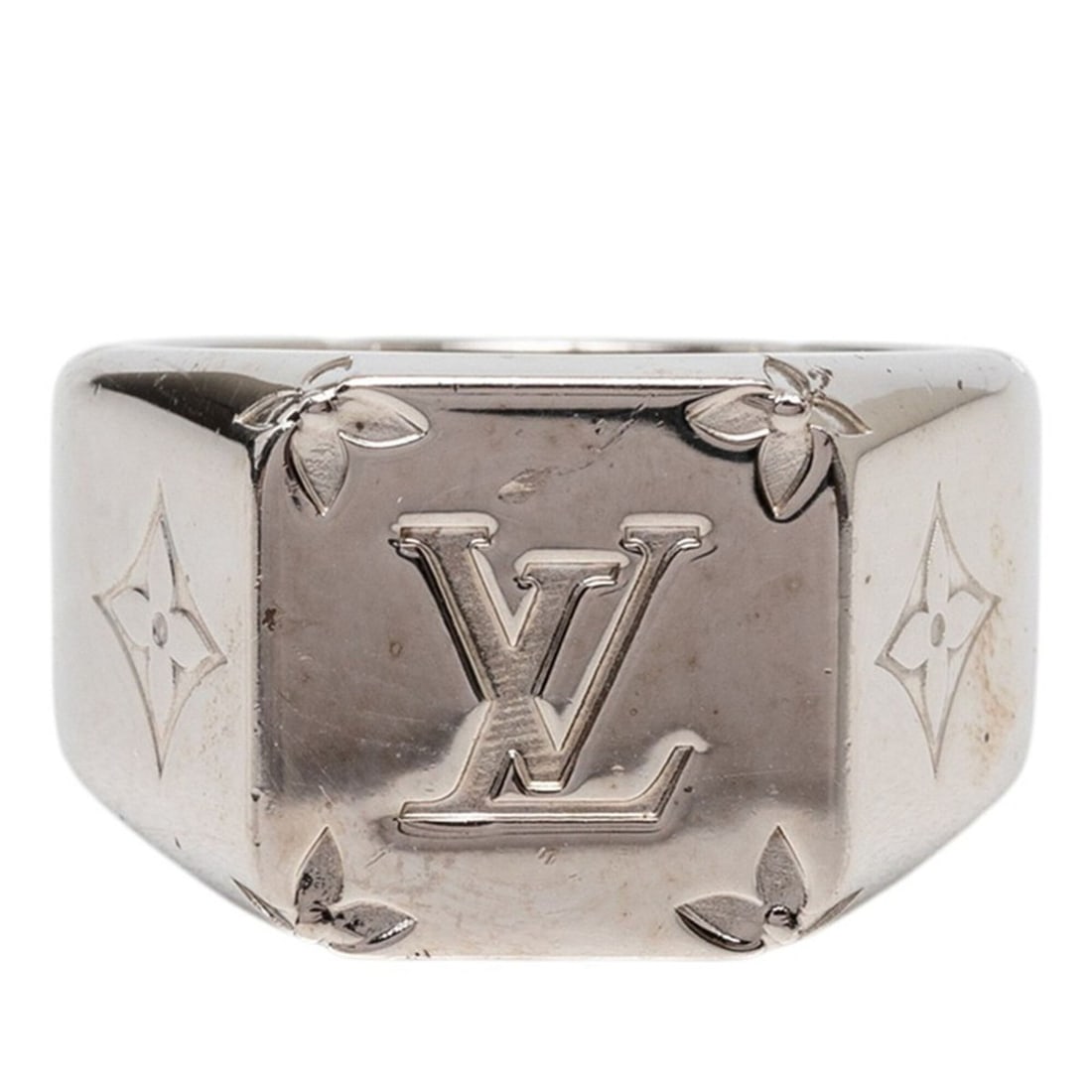 Louis Vuitton Monogram Signet Ring, Finger #M, M62487, Silver Metal, Men's, LOUIS VUITTON: --- Catalog ---Category: SizeJP Size: 18.5US Size: 9Category: DesignType: Band ringColor: SilverGender: MenMaterial: MetalCategory: GeneralMPN: M62487Brand: Louis Vuitton--- Item List ---Section: Cond