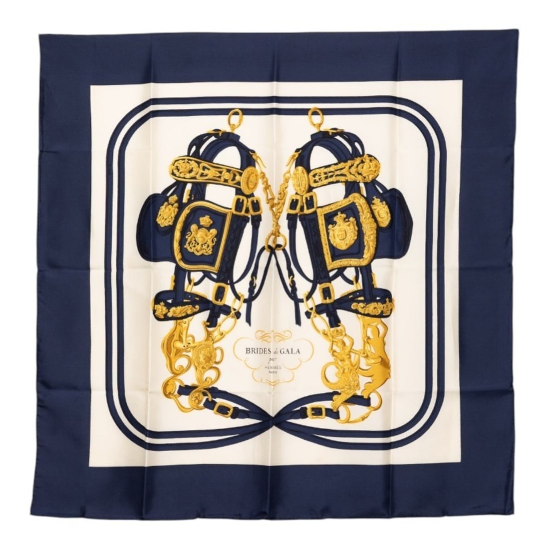 Hermes Carre 90 BRIDES de GALA Ceremonial Bridle Scarf/Muffler, Navy/White Silk, Women's HERMES: --- Catalog ---Category: SizeSize (LxW): 88cm x 89cm / 34.64'' x 35.03''Category: DesignType: ScarfColor: Navy, WhiteGender: WomenMaterial: Silk Category: GeneralBrand: Hermes--- Item List ---Section: