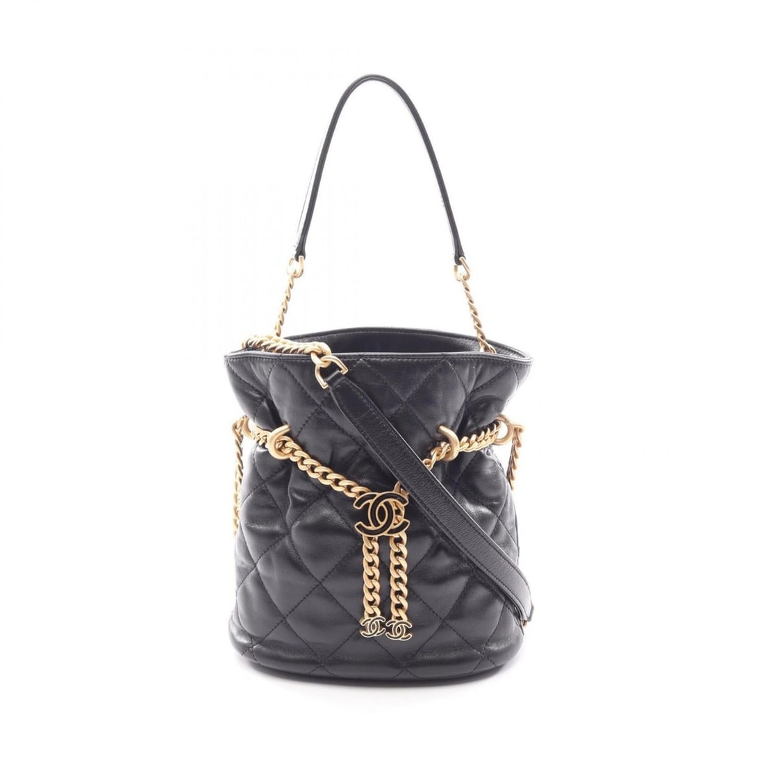 Chanel Matelassé Drawstring Bucket Bag, 2-Way Shoulder Bag/Handbag, Lambskin Leather, Women's,: --- Catalog ---Category: SizeSize (HxWxD): 19cm x 17cm x 10cm / 7.48'' x 6.69'' x 3.93''Strap Length: 116cm / 45.66''Handle Length: 36cm / 14.17''Category: DesignType: Handbag, Shoulder bagColor: Blac