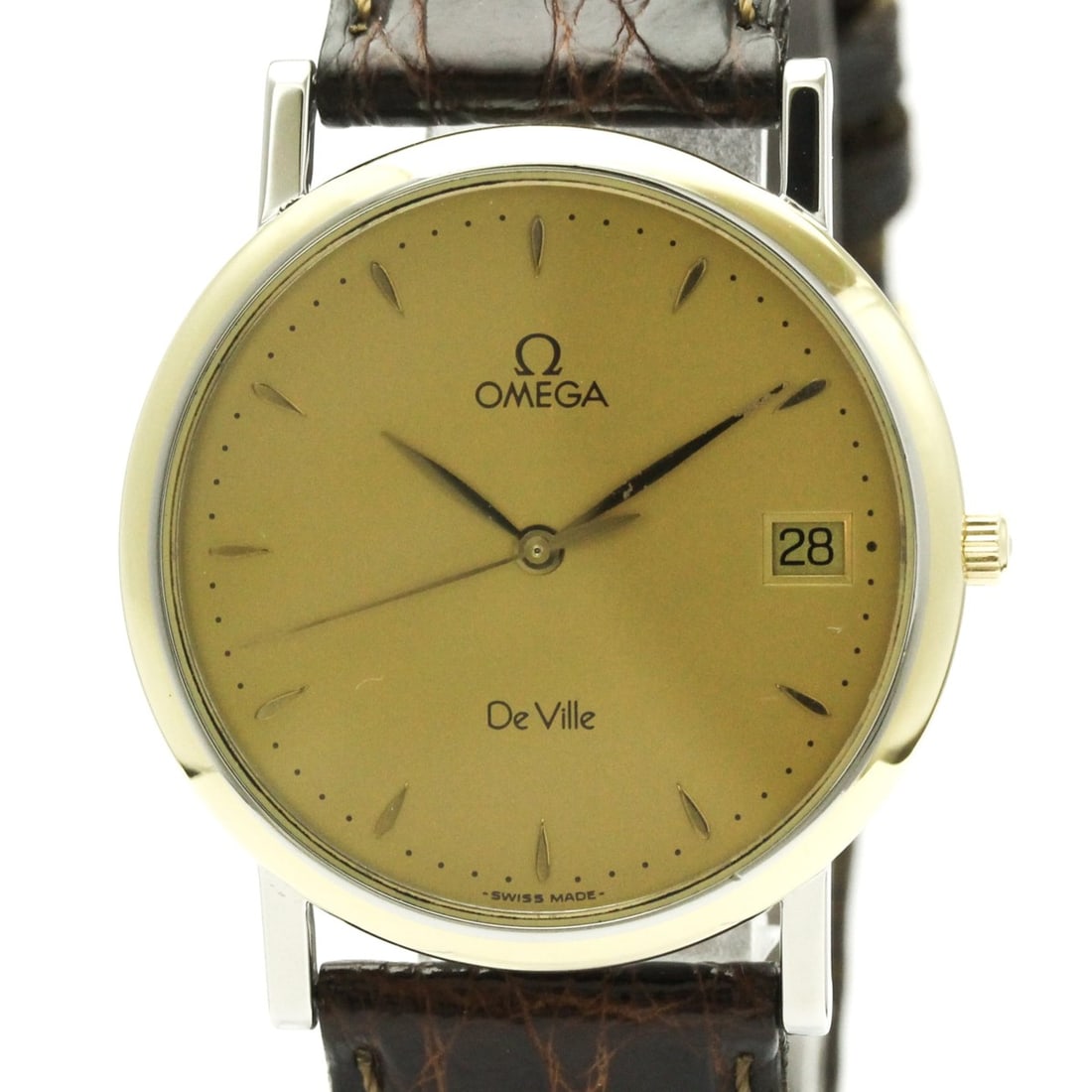 OMEGA De Ville Prestige Quartz Gold Plated Mens Watch 7400.11 Polished: --- Catalog ---Category: SizeCase Diameter: 32mm / 1.26''Category: DesignType: WristwatchStyle: Dress/FormalGender: MenColor (Dial): GoldMaterial (Band): LeatherMaterial (Case): Gold plated, Stainless