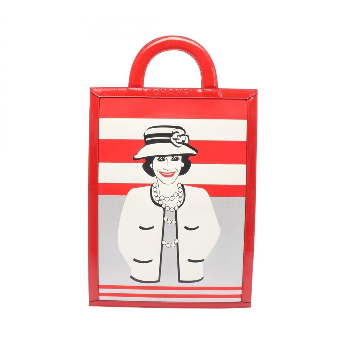 Chanel Mademoiselle Chocolate Bar Tote Bag/Handbag, Leather, Patent Women's, Red, White, Black: --- Catalog ---Category: SizeSize (HxWxD): 42.5cm x 32cm x 11cm / 16.73'' x 12.59'' x 4.33''Handle Length: 29.5cm / 11.61''Category: DesignType: Handbag, Tote bagColor: Black, Red color, WhiteGender: 