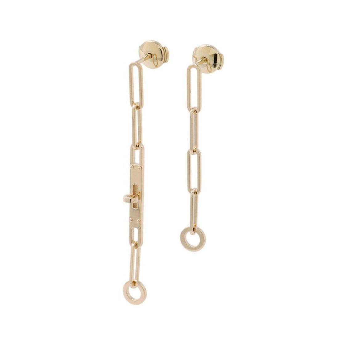 Hermes Kelly Chaine Earrings, 18K Yellow Gold, Asymmetrical Design.: --- Catalog ---Category: SizeWeight: 5.4g / 0.19oz.Size (HxWxD): 46.50mm x 3.60mm / 1.83'' x 0.14''Category: DesignType: Drop earringsGender: WomenMaterial: Yellow gold (18K)Category: GeneralLine: Kel