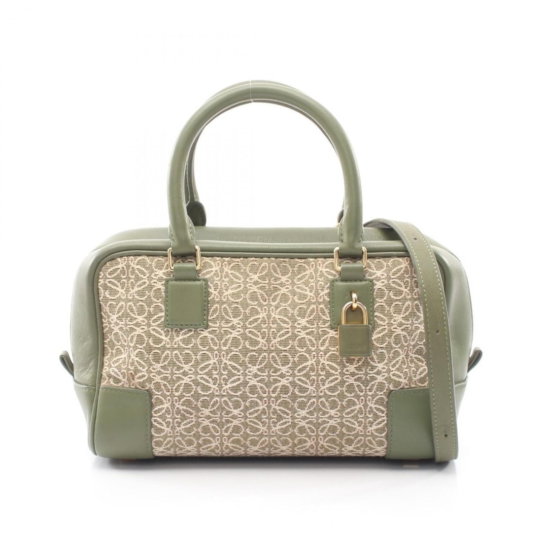 Loewe Amazona 23 Repeat 2-Way Handbag, Canvas and Leather, Women's, Khaki/White: --- Catalog ---Category: SizeSize (HxWxD): 14cm x 23cm x 9cm / 5.51'' x 9.05'' x 3.54''Category: DesignType: HandbagColor: Khaki, WhiteGender: WomenMaterial: Canvas , Leather Category: GeneralBrand: L