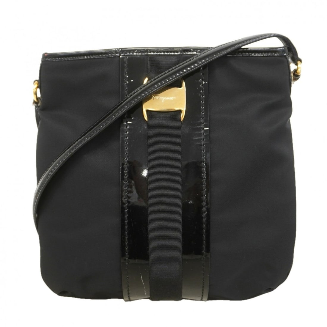 Salvatore Ferragamo Vara Shoulder Bag, Nylon Enamel, Black, Women's: --- Catalog ---Category: SizeSize (HxWxD): 27cm x 25cm x 4cm / 10.62'' x 9.84'' x 1.57''Category: DesignType: Shoulder bagColor: BlackGender: WomenMaterial: Nylon Hardware Color: GoldCategory: General