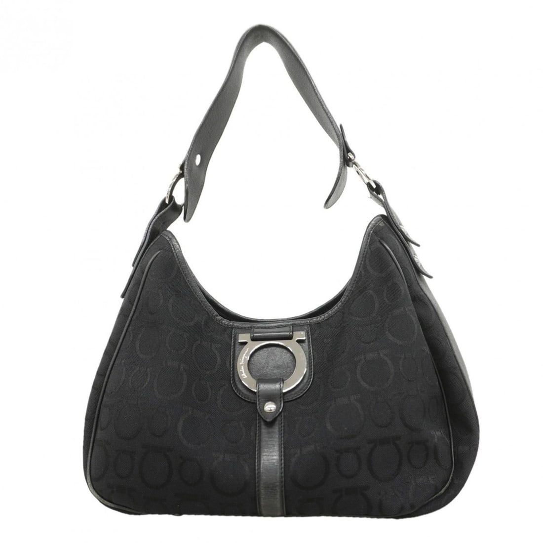 Salvatore Ferragamo Gancini Canvas Shoulder Bag, Black, Women's: --- Catalog ---Category: SizeSize (HxWxD): 17.5cm x 33cm x 9cm / 6.88'' x 12.99'' x 3.54''Category: DesignType: Shoulder bagColor: BlackGender: WomenMaterial: Canvas Hardware Color: SilverCategory: Ge