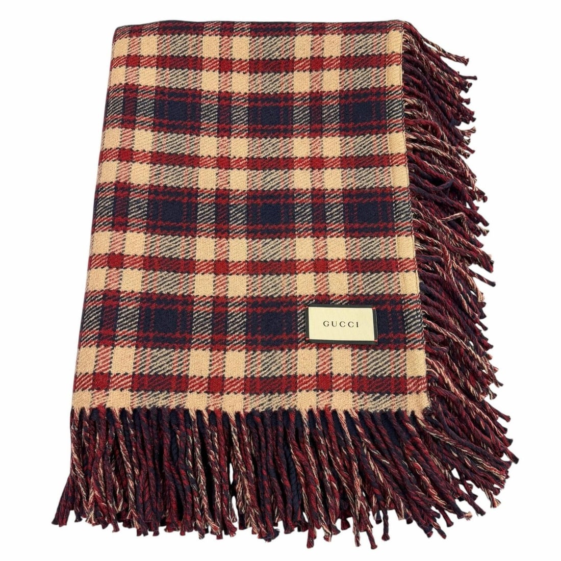 GUCCI 649687 100% Wool GG Check Pattern Reversible Blanket with Fringe, Navy/Red, Made in Italy, (1 of 18)