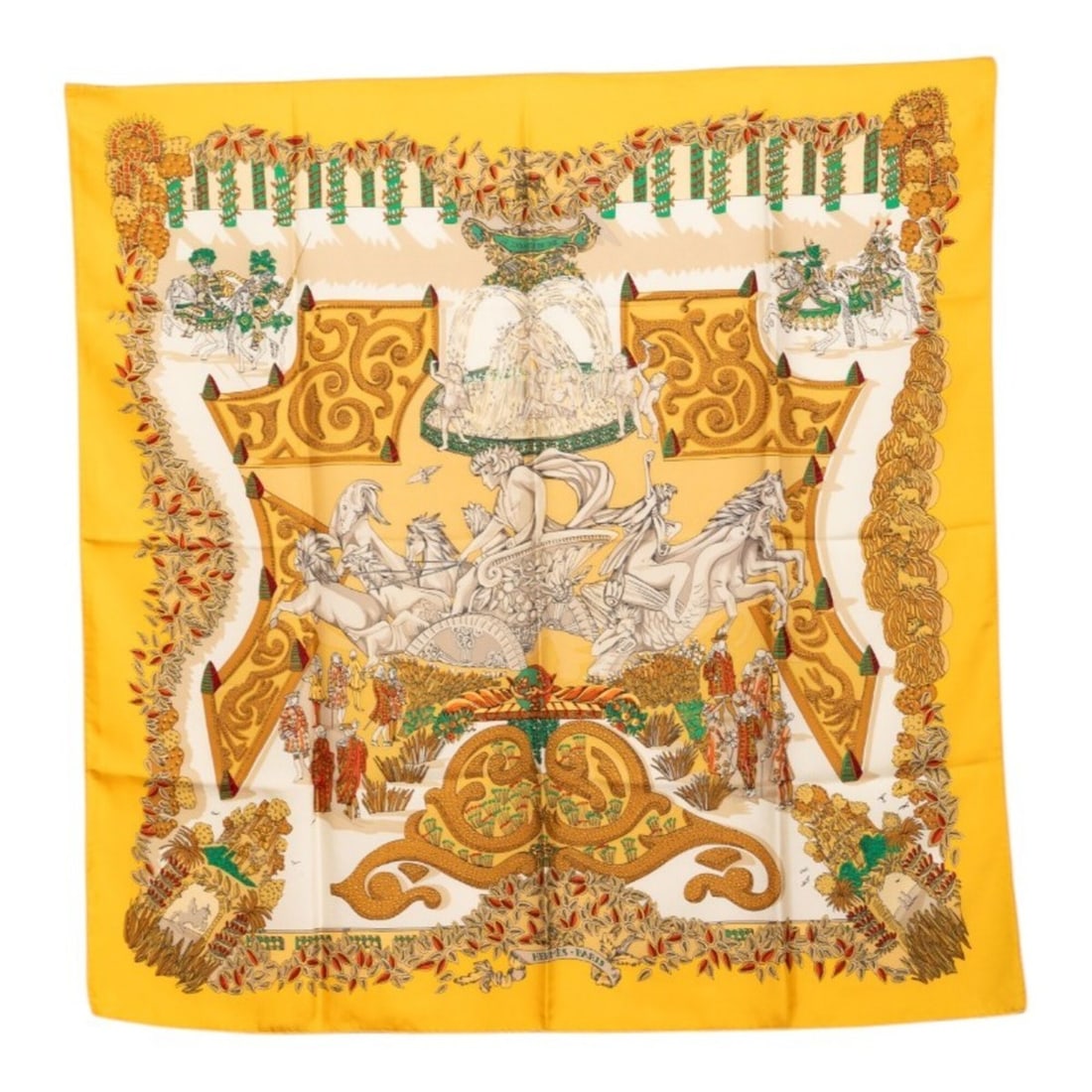 Hermes Carre 90 LE PARADIS DU ROY (The King's Paradise) Scarf/Muffler, Large Size, Yellow Tones,: --- Catalog ---Category: SizeSize (LxW): 90cm x 88cm / 35.43'' x 34.64''Category: DesignType: ScarfColor: YellowGender: WomenMaterial: Silk Category: GeneralBrand: Hermes--- Item List ---Section: Cond