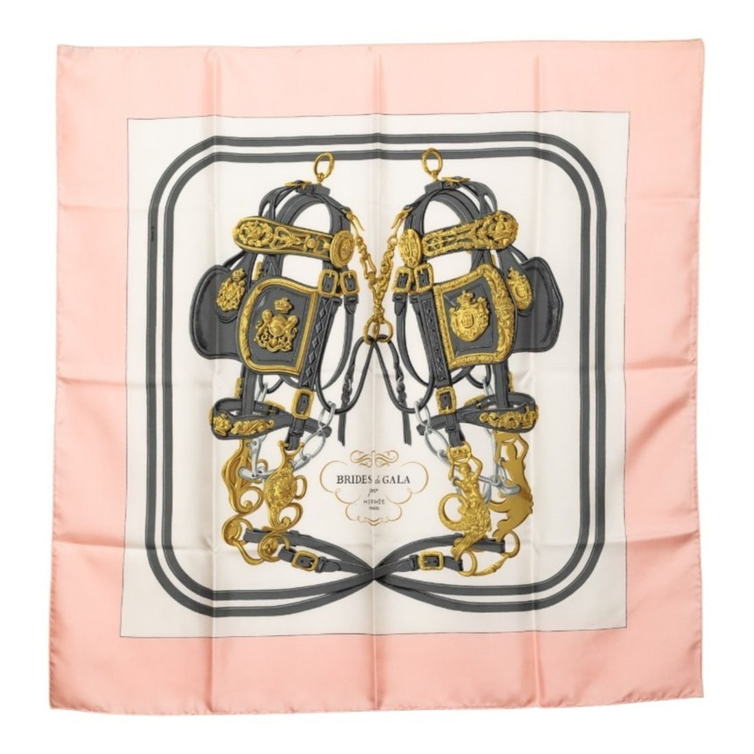 Hermes Carre 90 BRIDES de GALA Ceremonial Bridle Scarf/Muffler, Large Size, Pink Silk, Women's: --- Catalog ---Category: SizeSize (LxW): 90cm x 89cm / 35.43'' x 35.03''Category: DesignType: ScarfColor: PinkGender: WomenMaterial: Silk Category: GeneralBrand: Hermes--- Item List ---Section:
