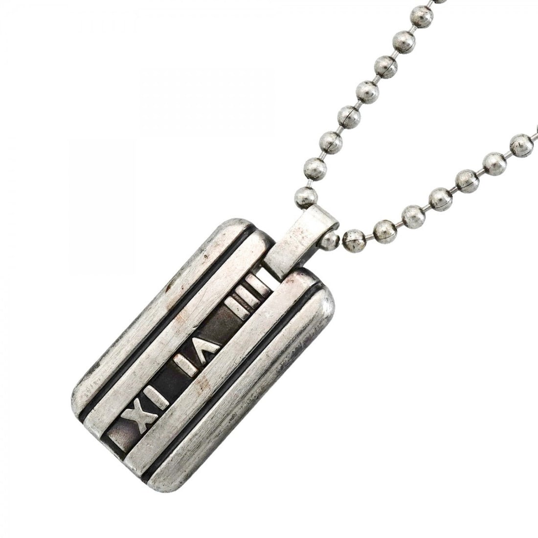 Tiffany & Co. Atlas Plate Ball Chain Necklace, Sterling Silver 925, Women's: --- Catalog ---Category: SizePendant Size: 33.3mm x 15.6mm / 1.31'' x 0.61''Neck Circumference: 41.5 cm / 16.33''Category: DesignGender: WomenMaterial: Silver 925Necklace Type: NecklaceCategory: