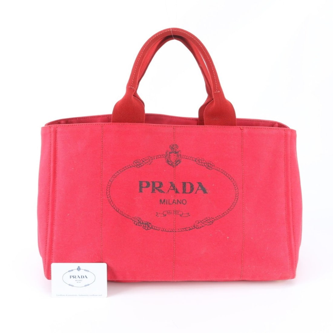 Prada Canapa BN1872 Tote Bag, Handbag, Shoulder with Guarantee Card - Women's: --- Catalog ---Category: SizeSize (HxWxD): 25cm x 40cm x 26cm / 9.84'' x 15.74'' x 10.23''Handle Length: 37cm / 14.56''Category: DesignType: Handbag, Tote bagColor: Red colorGender: WomenMaterial: