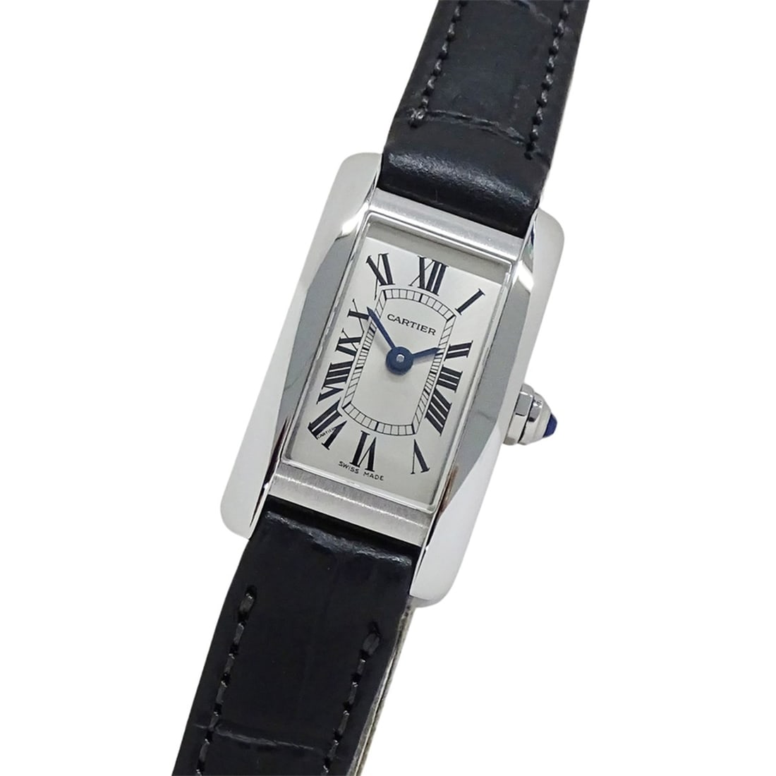 Cartier women's watch, Tank American Mini, quartz, stainless steel strap, leather square shape: --- Catalog ---Category: SizeWrist Size: 14.5cm - 18cm / 5.7'' - 7.08''Case Diameter: 15mm / 0.59''Category: DesignType: WristwatchGender: WomenColor (Dial): SilverMaterial (Band): LeatherMaterial