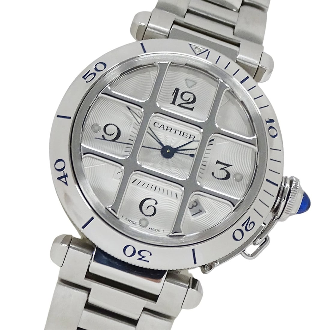 Cartier Pasha Grid Date Automatic Watch for Men, Stainless Steel (SS) W31040H3, Silver, Open: --- Catalog ---Category: SizeWrist Size: 19cm / 7.48''Case Diameter: 38mm / 1.5''Category: DesignType: WristwatchGender: MenColor (Dial): SilverMaterial (Band): Stainless steelMaterial (Case):