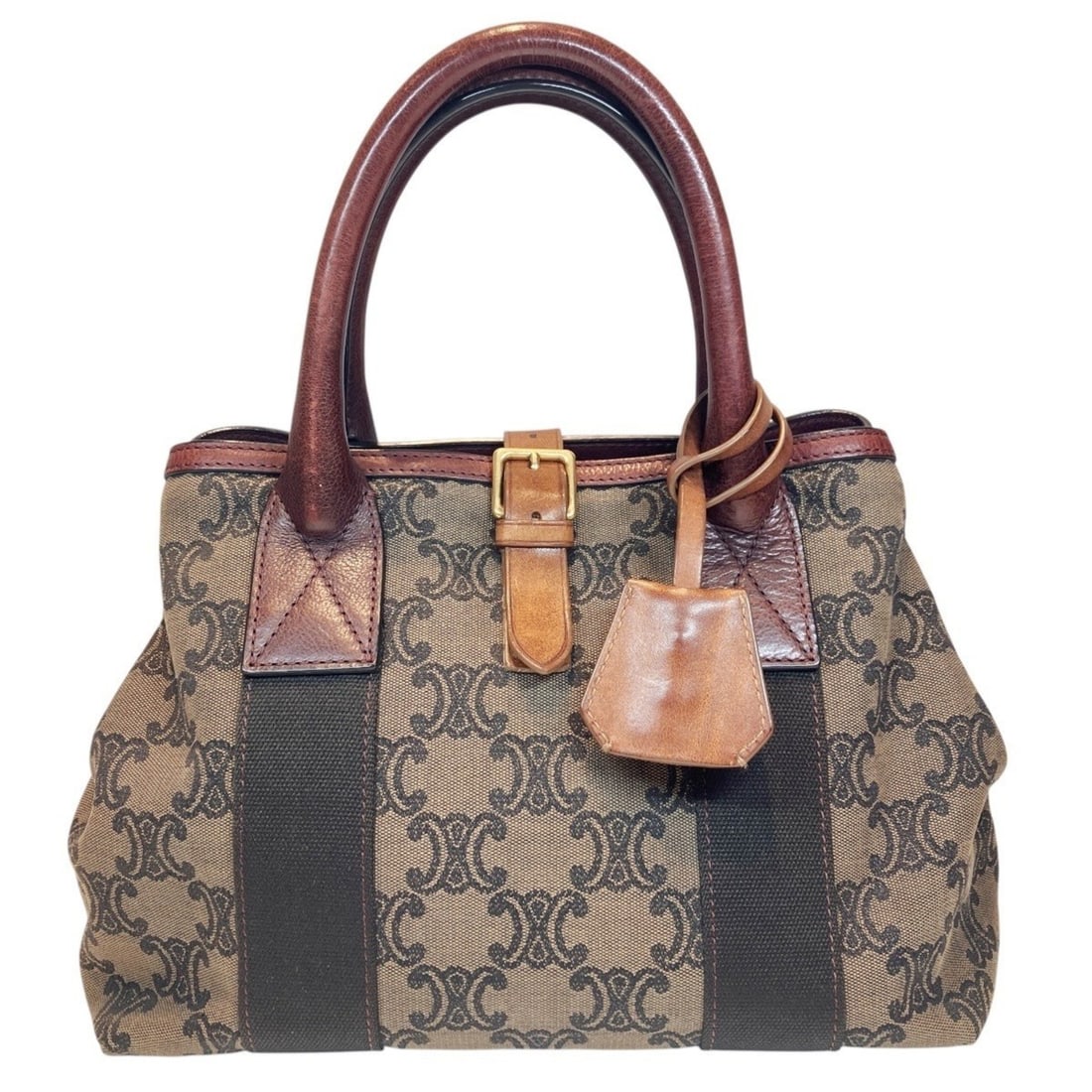 Celine Macadam canvas and leather tote bag: --- Catalog ---Category: SizeSize (HxWxD): 20cm x 30cm x 13cm / 7.87'' x 11.81'' x 5.11''Category: DesignType: Tote bagColor: Burgundy, Dark khakiGender: WomenMaterial: Canvas , Leather Category: Gene
