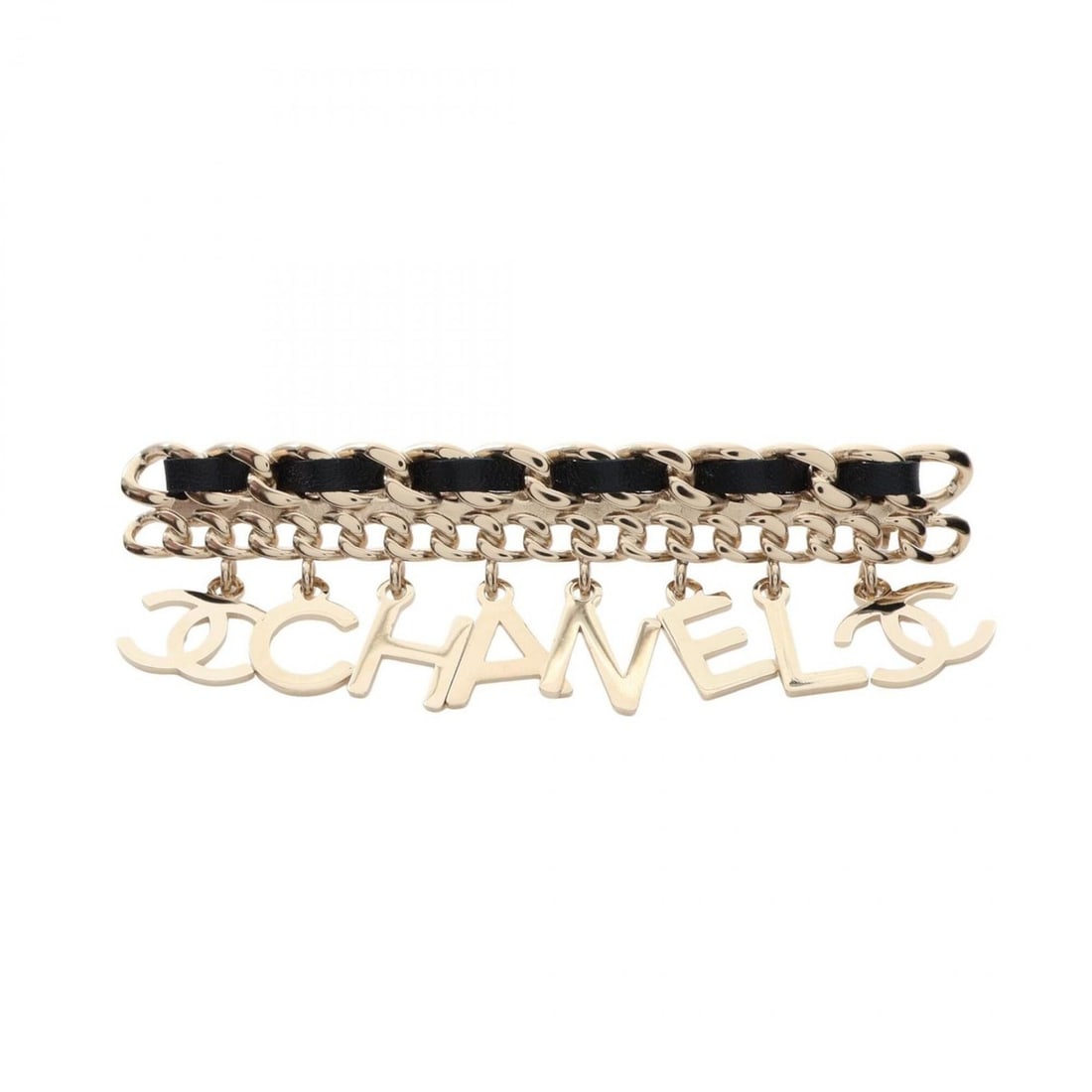 Chanel logo chain brooch accessory, gold plated leather, women's, gold/black tones.: --- Catalog ---Category: SizeSize (HxWxD): 2.7cm x 8cm / 1.06'' x 3.14''Category: DesignType: BroochColor: Black, GoldGender: WomenMaterial: Gold plating, LeatherCategory: GeneralBrand: Chanel--- Item