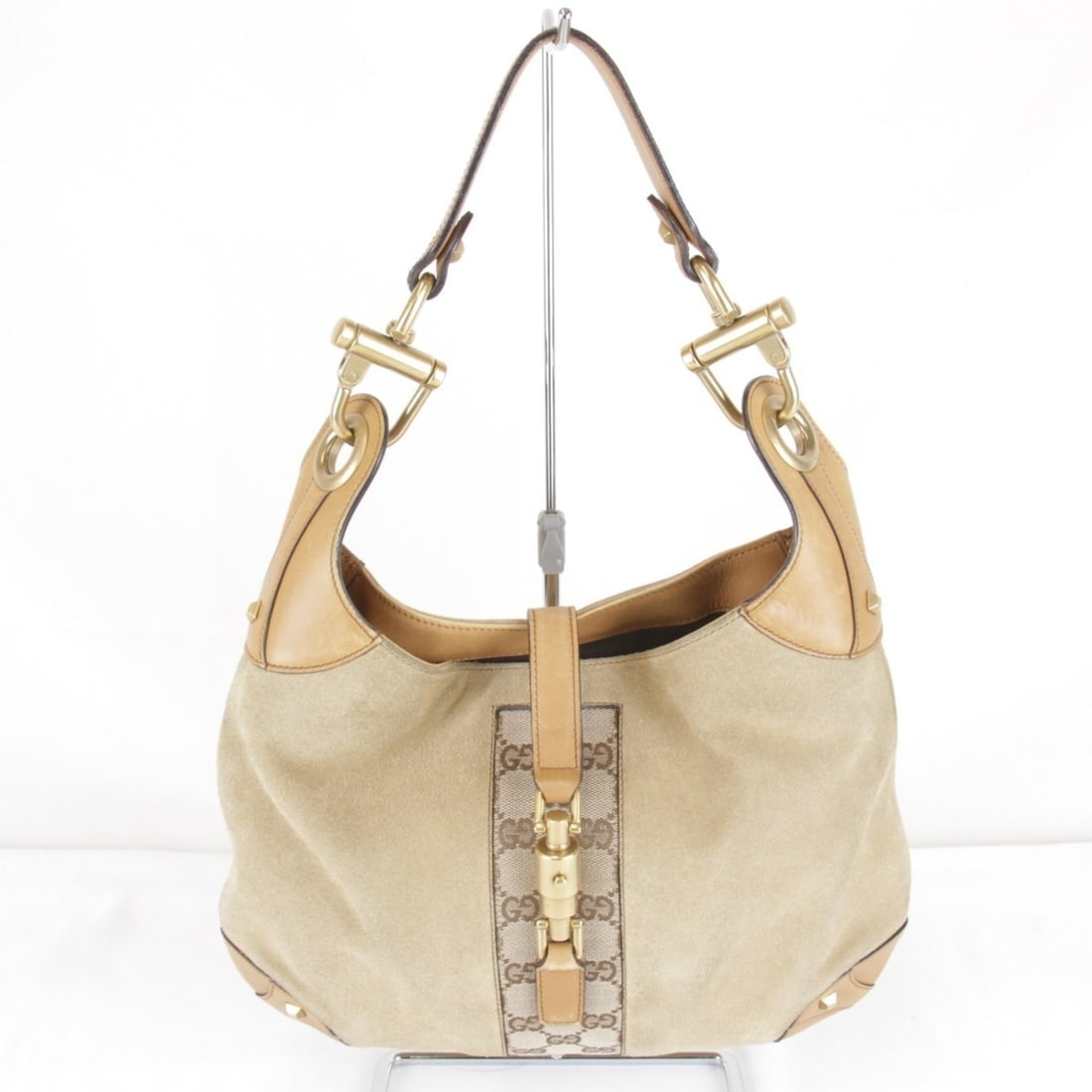 GUCCI New Jackie GG pattern handbag 120888 205141 Suede/Leather Beige Women's: --- Catalog ---Category: SizeWeight: 690g / 1.52lb.Handle Drop: 15.00cm / 5.91''Size (HxWxD): 23cm x 32cm x 4cm / 9.05'' x 12.59'' x 1.57''Handle Length: 35cm / 13.77''Category: DesignType: HandbagCol