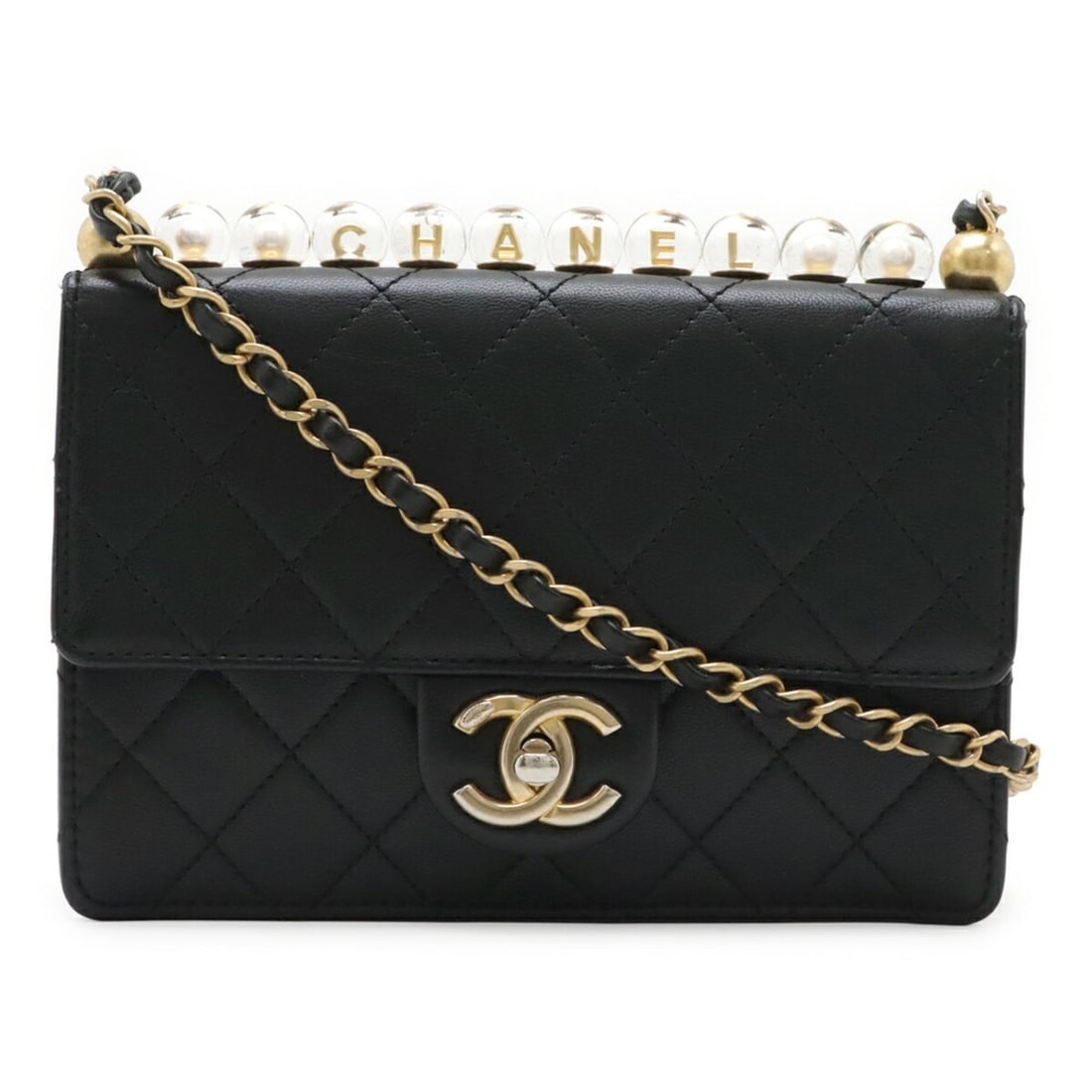 CHANEL Matelassé Coco Mark Clear Pearl Chain Shoulder Bag Flap Goatskin Black AS0585: --- Catalog ---Category: SizeSize (HxWxD): 13.5cm x 19.5cm x 4cm / 5.31'' x 7.67'' x 1.57''Category: DesignType: Shoulder bagColor: BlackGender: WomenMaterial: Leather Leather/Fur Type: GoatskinCatego